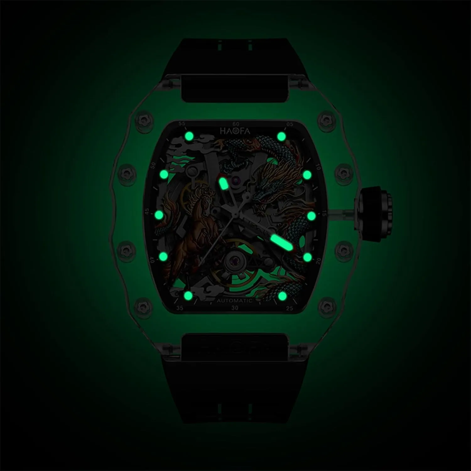 Mirror 3D Dragon Horse Mechanical Watch for Men Automatic Hollow Glass soft transplant insistence embryonic ambiguity contrary Case Waterproof Luminous Men's Watch 2323 Haofa Transparent Crystal 
