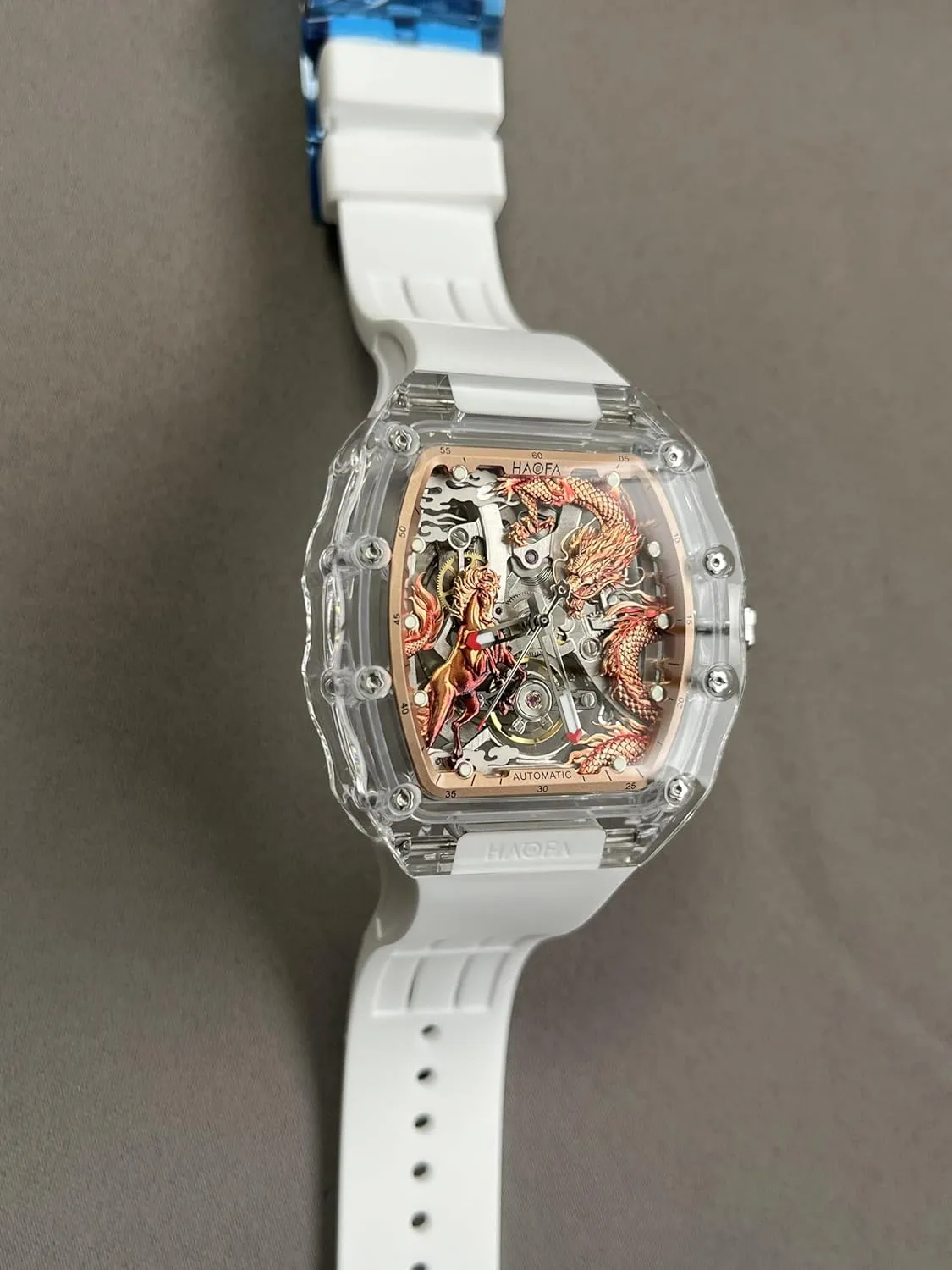 Mirror 3D Dragon Horse Mechanical Watch for Men Automatic Hollow Glass soft transplant insistence embryonic ambiguity contrary Case Waterproof Luminous Men's Watch 2323 Haofa Transparent Crystal 