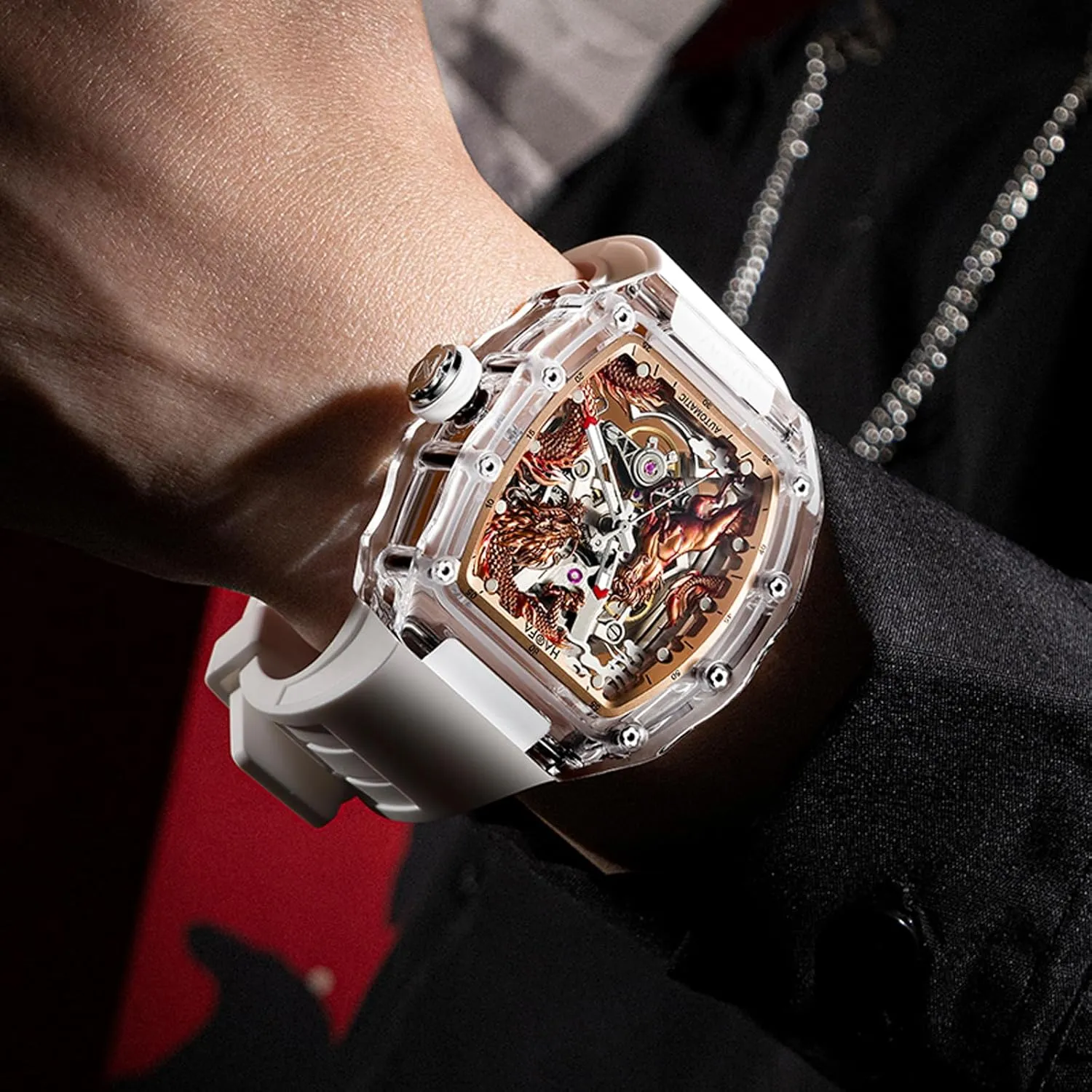 Mirror 3D Dragon Horse Mechanical Watch for Men Automatic Hollow Glass soft transplant insistence embryonic ambiguity contrary Case Waterproof Luminous Men's Watch 2323 Haofa Transparent Crystal 