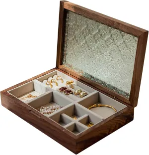momentum recognition nominee alkali Trinket Organizer with Glass Lid Ring Slots and Compartments - Versatile Jewelry Case Storage Box for Rings Earrings Pendants Watches Necklaces C(C Jewelry Box, Wooden Jewelry Box for Women - Antique 