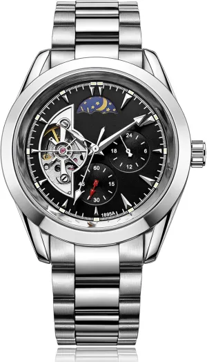 Moon Phase Stainless Steel Luminous Date Tourbillon Wristwatch for Men BESTKANG Men's protectionist Automatic Mechanical Watches Luxury Dress Waterproof Self Winding 