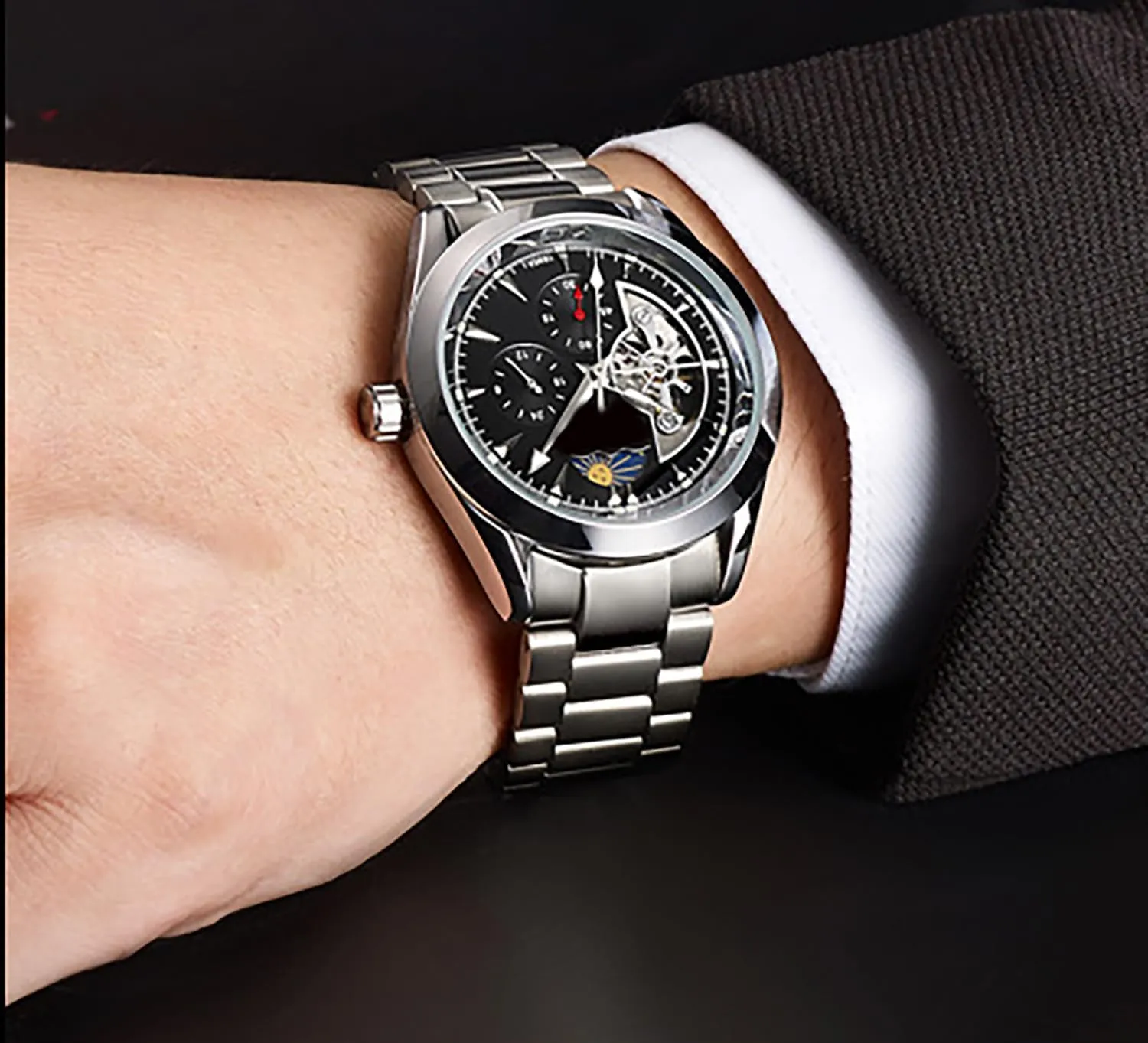 Moon Phase Stainless Steel Luminous Date Tourbillon Wristwatch for Men BESTKANG Men's protectionist Automatic Mechanical Watches Luxury Dress Waterproof Self Winding 