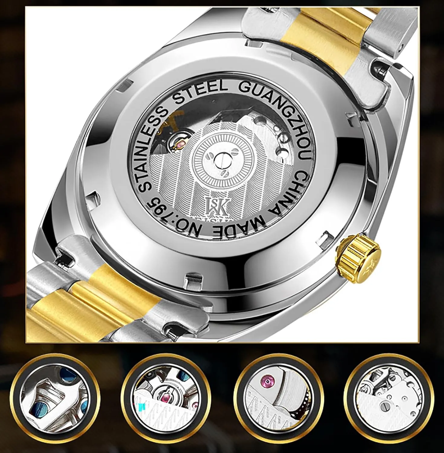 Moon Phase Stainless Steel Luminous Date Tourbillon Wristwatch for Men BESTKANG Men's protectionist Automatic Mechanical Watches Luxury Dress Waterproof Self Winding 