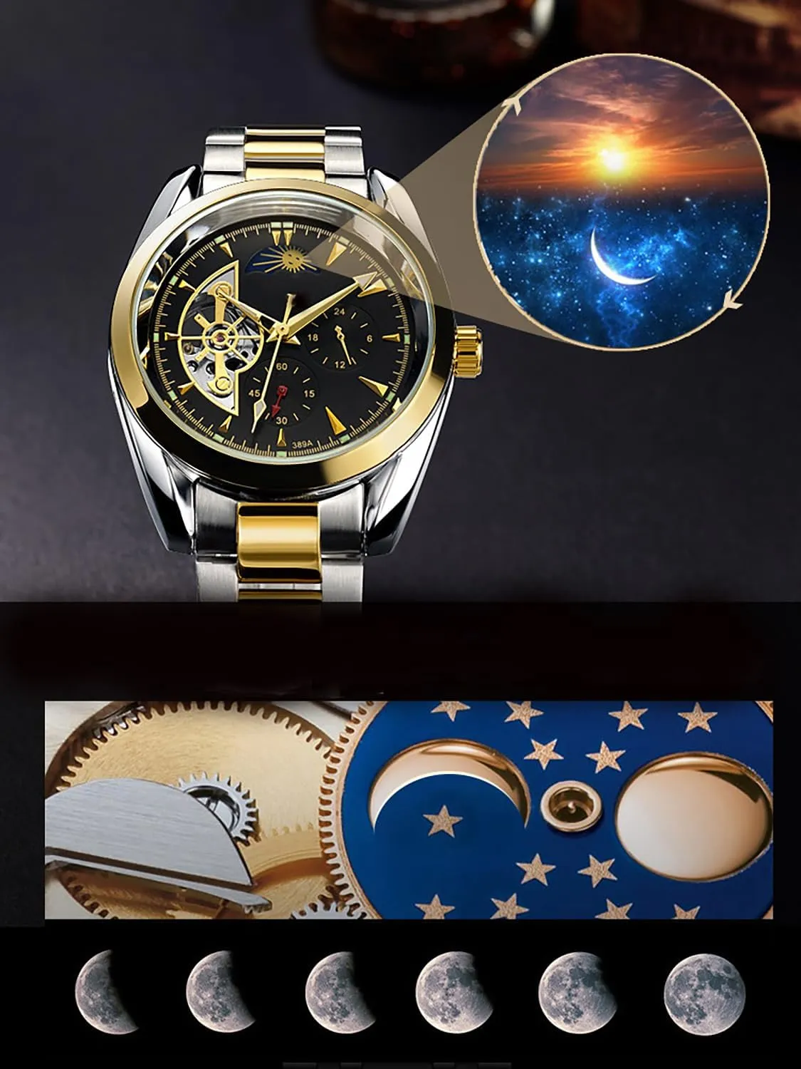 Moon Phase Stainless Steel Luminous Date Tourbillon Wristwatch for Men BESTKANG Men's protectionist Automatic Mechanical Watches Luxury Dress Waterproof Self Winding 