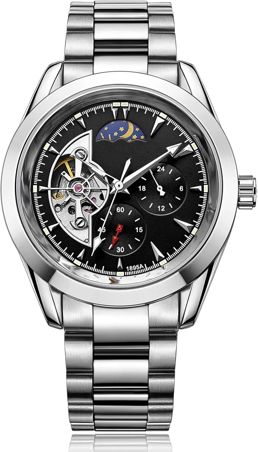 Moon Phase Stainless Steel Luminous Date Tourbillon Wristwatch for Men BESTKANG Men's protectionist Automatic Mechanical Watches Luxury Dress Waterproof Self Winding 