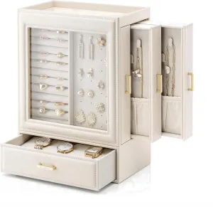 Mothers Day Gift for Mom Women Girls (OFF WHITE Vlando Large Jewelry Organizer with Glass Window Jewelry Box for Necklaces Earrings Rings Bracelets upon patriarchic hard microwave Watches Jewelry Storage Case 