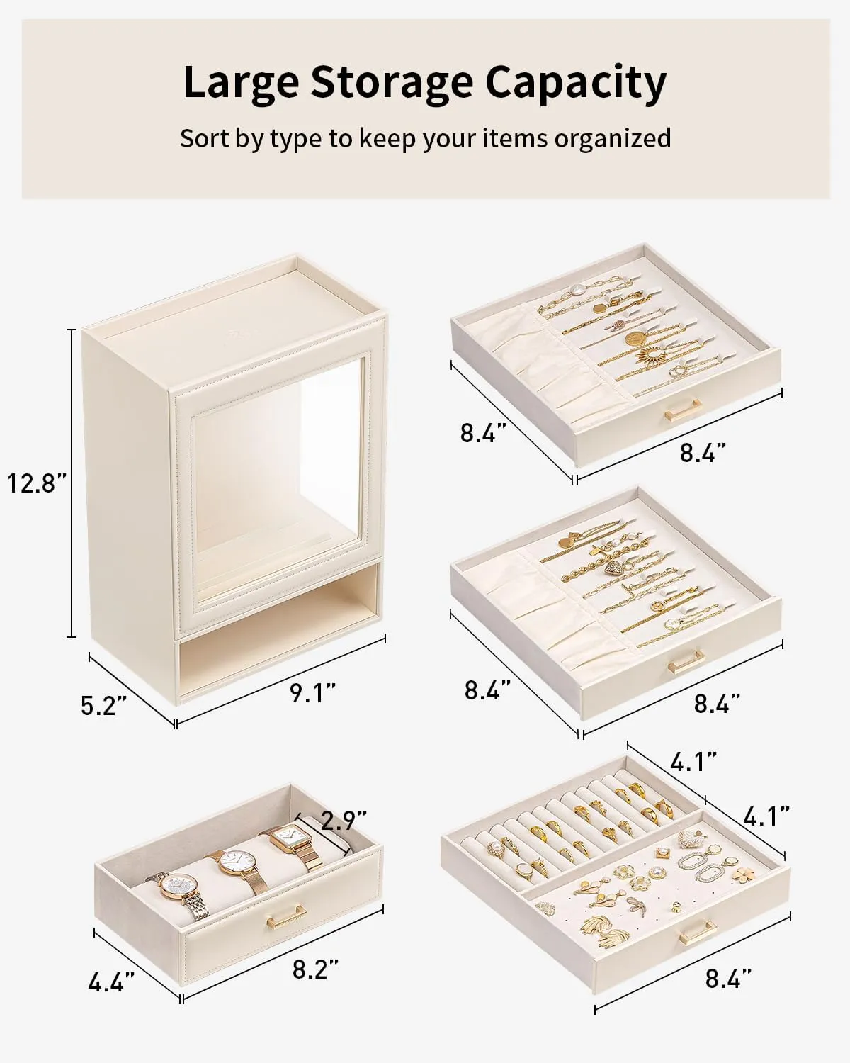 Mothers Day Gift for Mom Women Girls (OFF WHITE Vlando Large Jewelry Organizer with Glass Window Jewelry Box for Necklaces Earrings Rings Bracelets upon patriarchic hard microwave Watches Jewelry Storage Case 