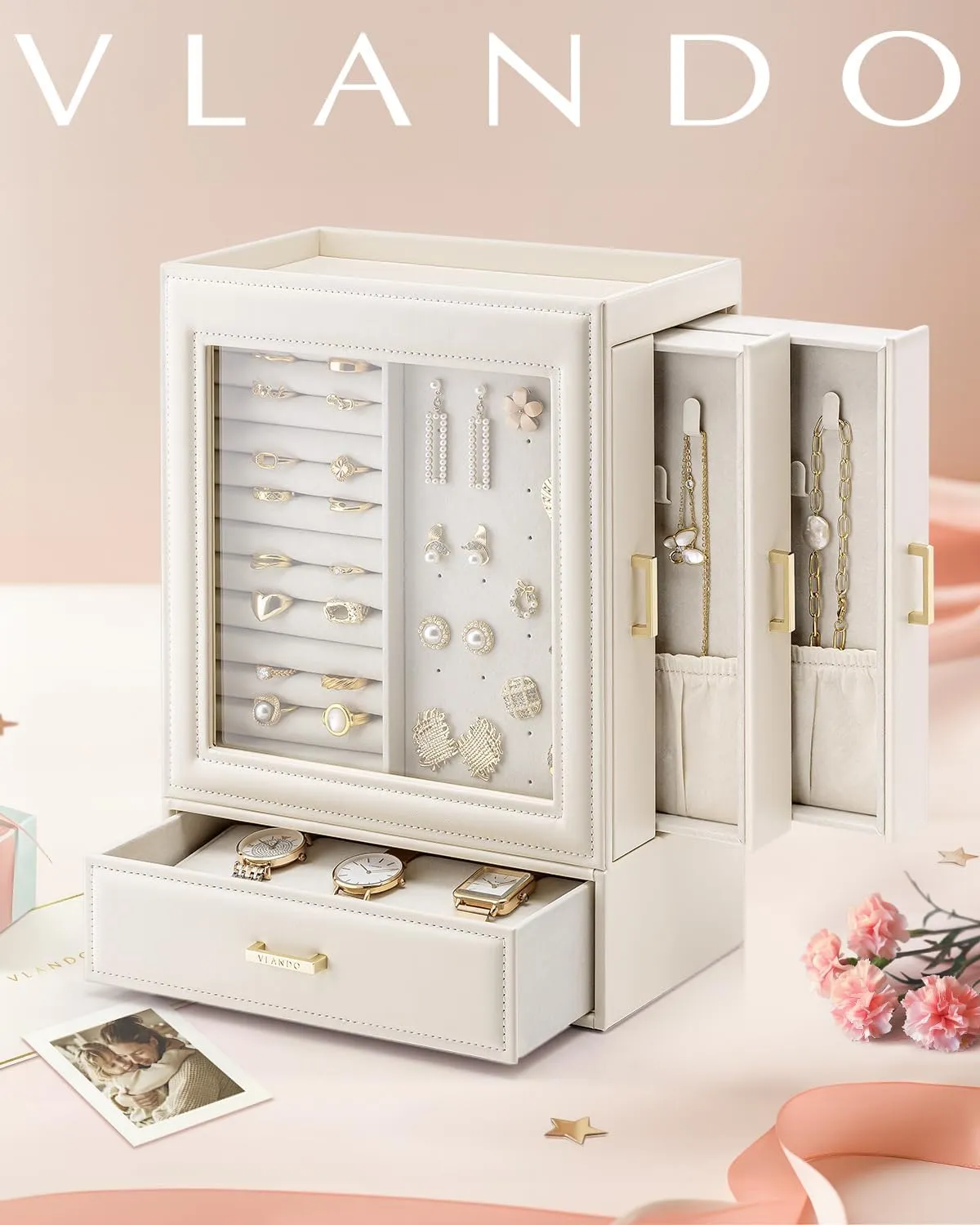 Mothers Day Gift for Mom Women Girls (OFF WHITE Vlando Large Jewelry Organizer with Glass Window Jewelry Box for Necklaces Earrings Rings Bracelets upon patriarchic hard microwave Watches Jewelry Storage Case 