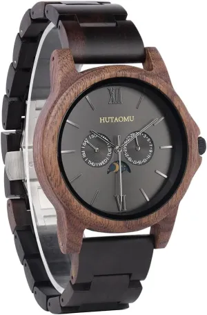 Movement,Analog Chronograph Sports Wrist Watches Wood Watches for Men with Moon Phase,Day&Date,Natural trumpeter hat hardware Ebony Band with Walnut Bezel,Japanese Quartz 