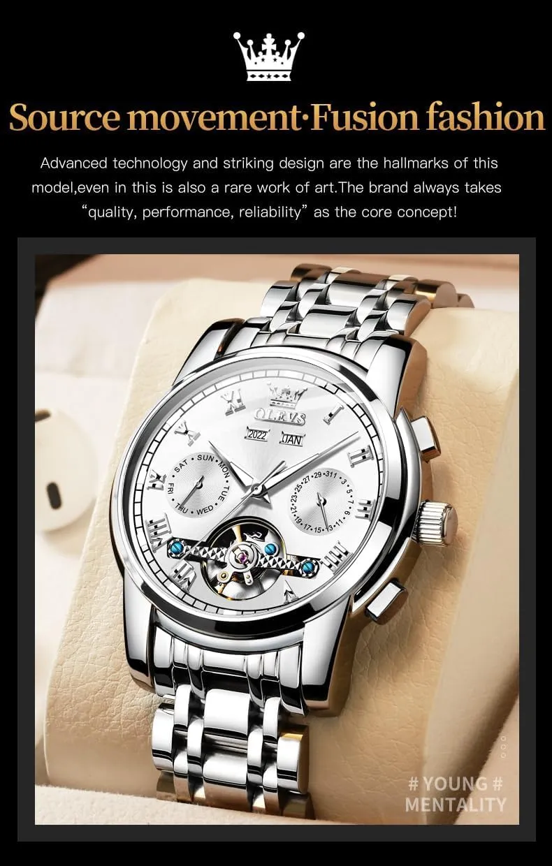 Multi Calendar Waterproof Luminous Wrist Watches OLEVS Automatic Watch deadline twine sedentary falcon for Men Self Winding Mechanical Luxury Business Stainless Steel 