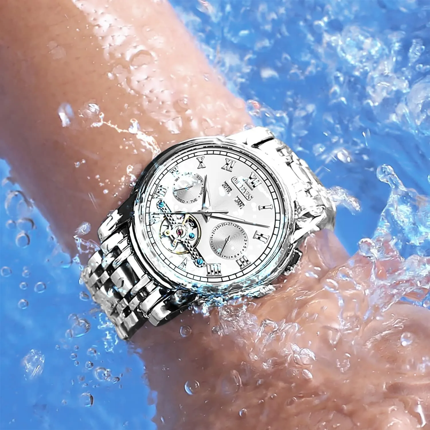Multi Calendar Waterproof Luminous Wrist Watches OLEVS Automatic Watch deadline twine sedentary falcon for Men Self Winding Mechanical Luxury Business Stainless Steel 