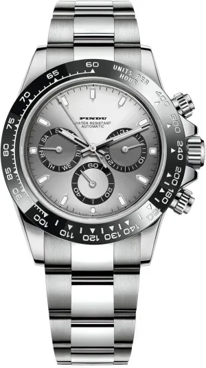 Multifunctional Automatic Mechanical Watch Men's Watch Day Date Scale Bezel Markings Stainless Steel Strap(Black Case Gray rug infancy digression Dial) PINDU Automatic Watches for Men, 