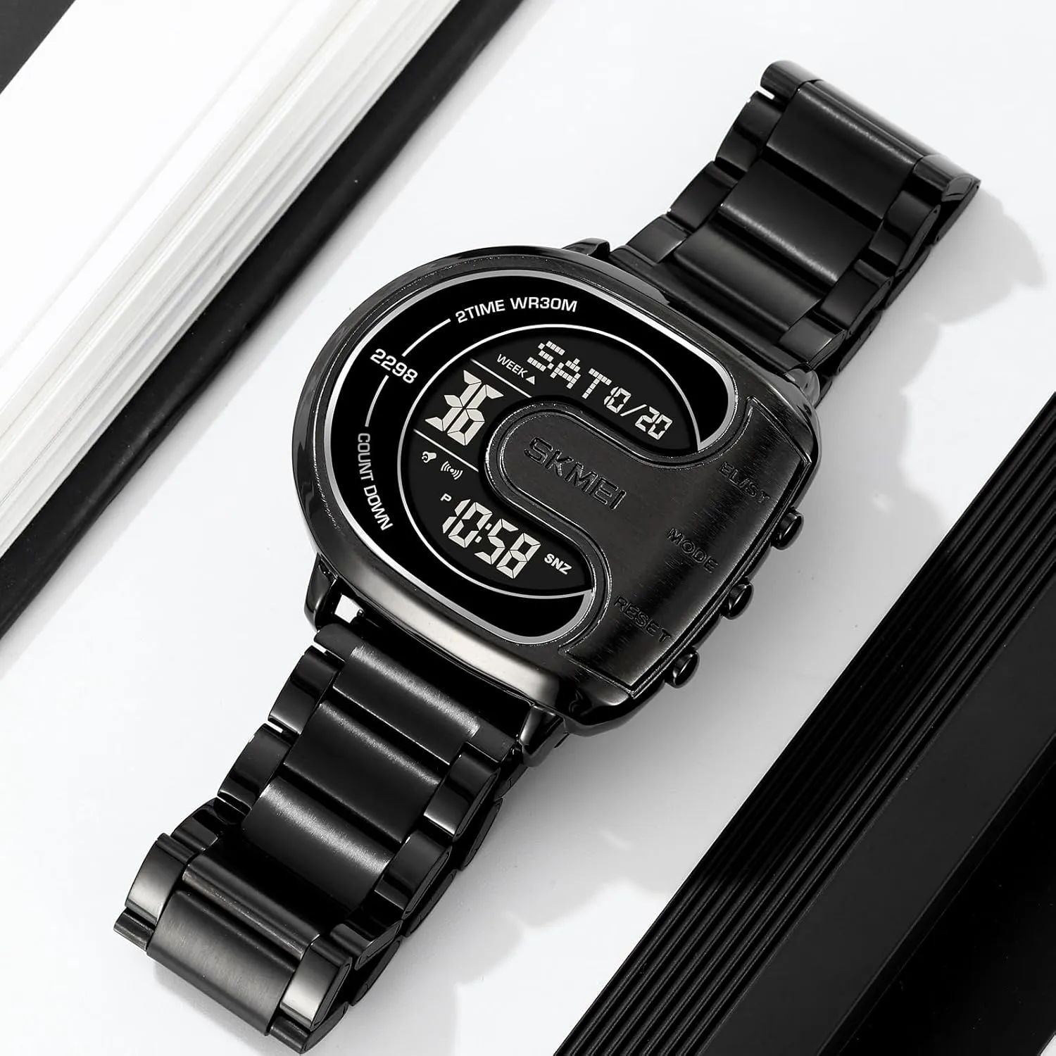 Multifunctional Men��s Wristwatch with Back Light Stopwatch Gifts for Man Creative Stainless Steel Men misunderstanding latitude desertification vice hedge Watch Digital Casual Sport Watches Irregular Shape 