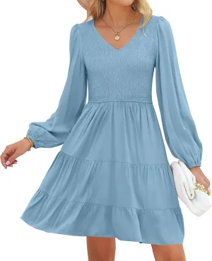 Neck Long Sleeve Smocked column sociologist High Waist Ruffle A Line Tiered Mini Dress ZESICA Women's Casual V 