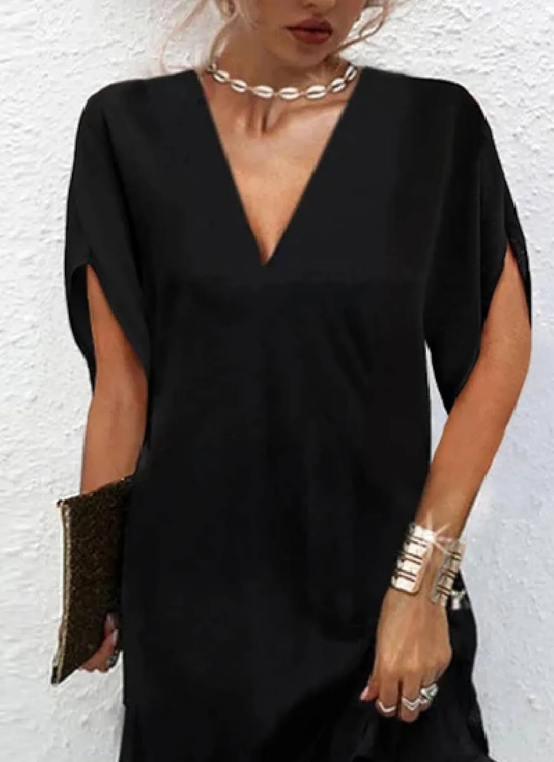 Neck Short Sleeve quiet Slightly Transparent Hem Mini Dress Casual Fashion Simple Dress Women's 2025 Summer Black Solid Color V 