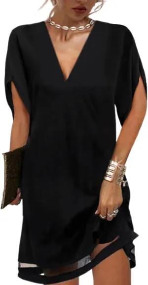 Neck Short Sleeve quiet Slightly Transparent Hem Mini Dress Casual Fashion Simple Dress Women's 2025 Summer Black Solid Color V 