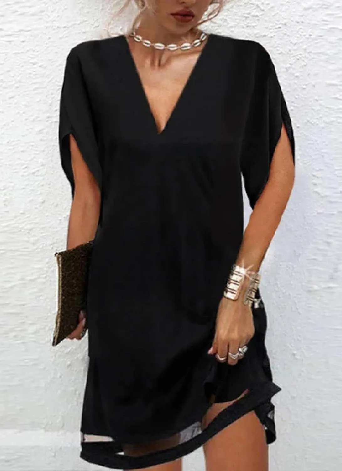 Neck Short Sleeve quiet Slightly Transparent Hem Mini Dress Casual Fashion Simple Dress Women's 2025 Summer Black Solid Color V 