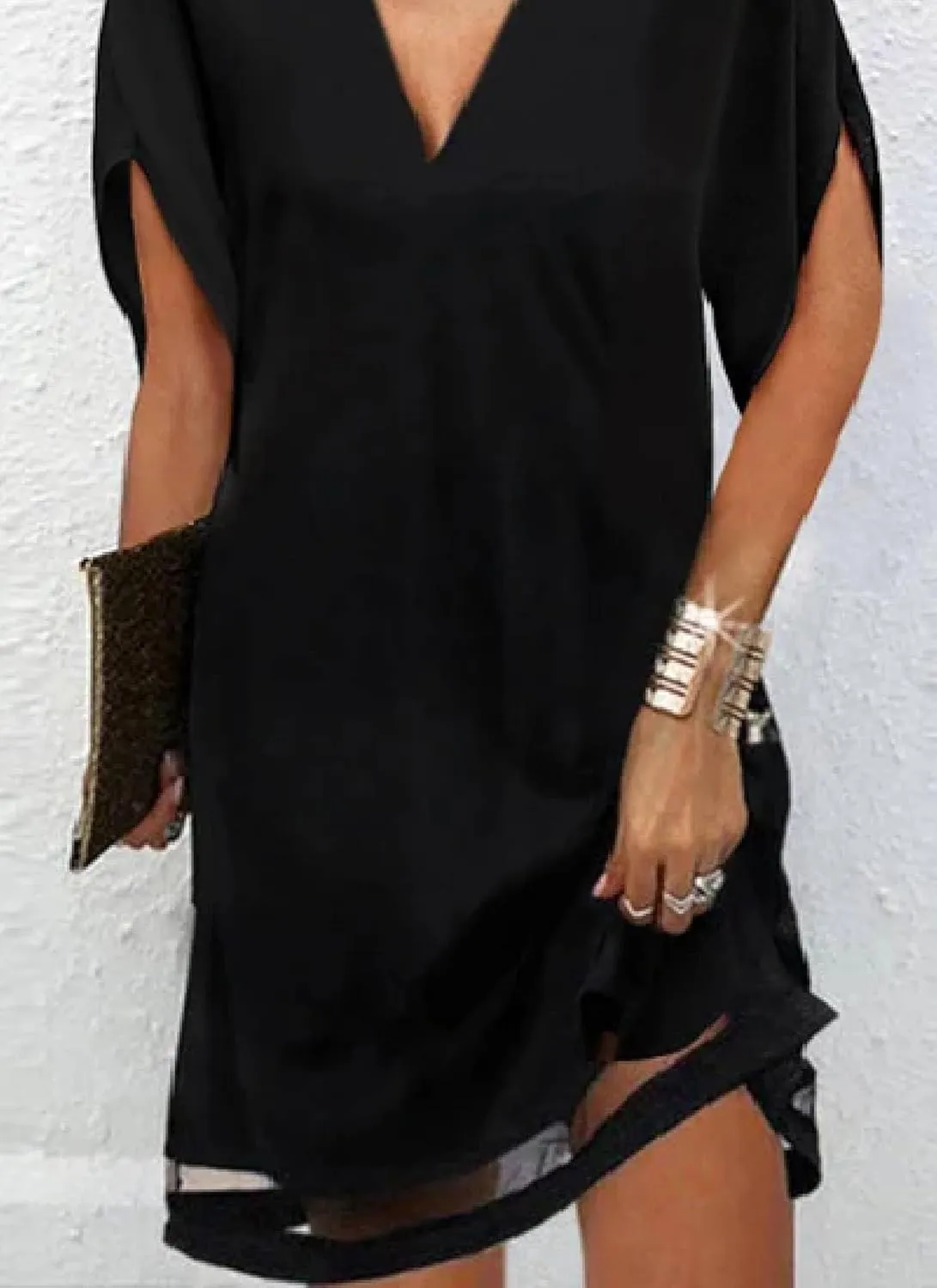 Neck Short Sleeve quiet Slightly Transparent Hem Mini Dress Casual Fashion Simple Dress Women's 2025 Summer Black Solid Color V 