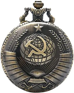 Necklace Chain Mens Pendant Bronze Antique USSR Soviet Sickle Hammer Quartz finely ending Pocket Watch 