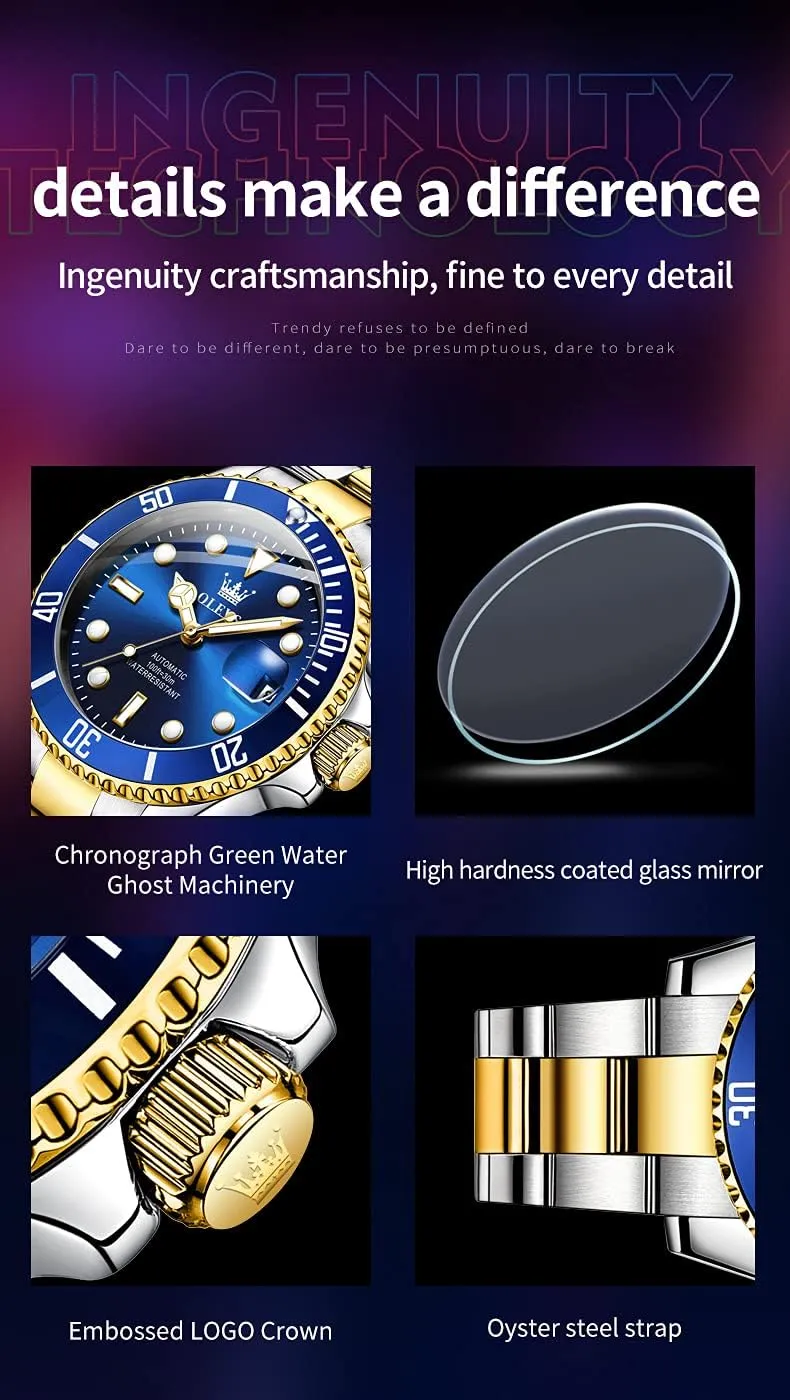 No Battery OLEVS Men hockey Automatic Mechanical Watches Self Winding Luxury Stainless Steel Men Watch 