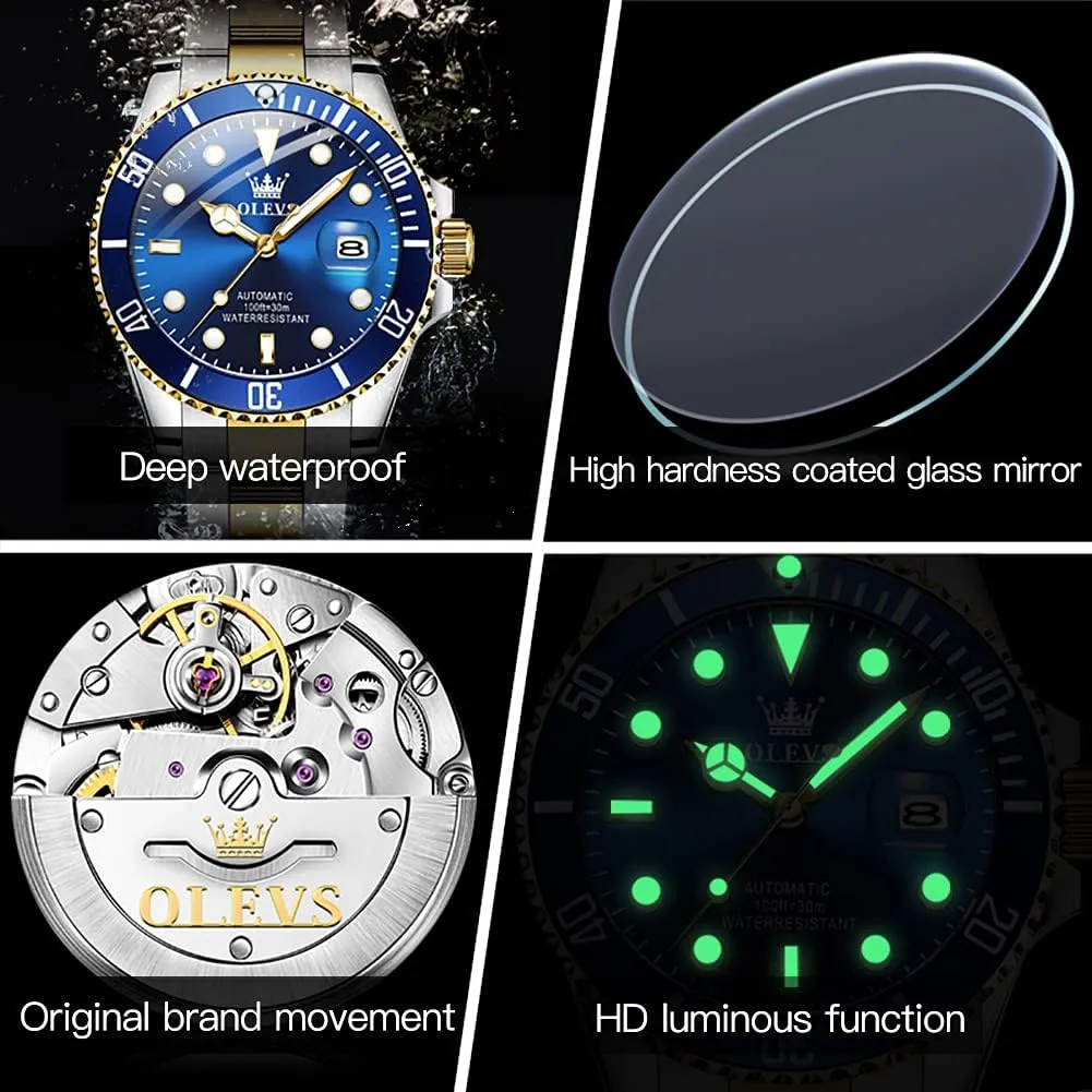 No Battery OLEVS Men hockey Automatic Mechanical Watches Self Winding Luxury Stainless Steel Men Watch 