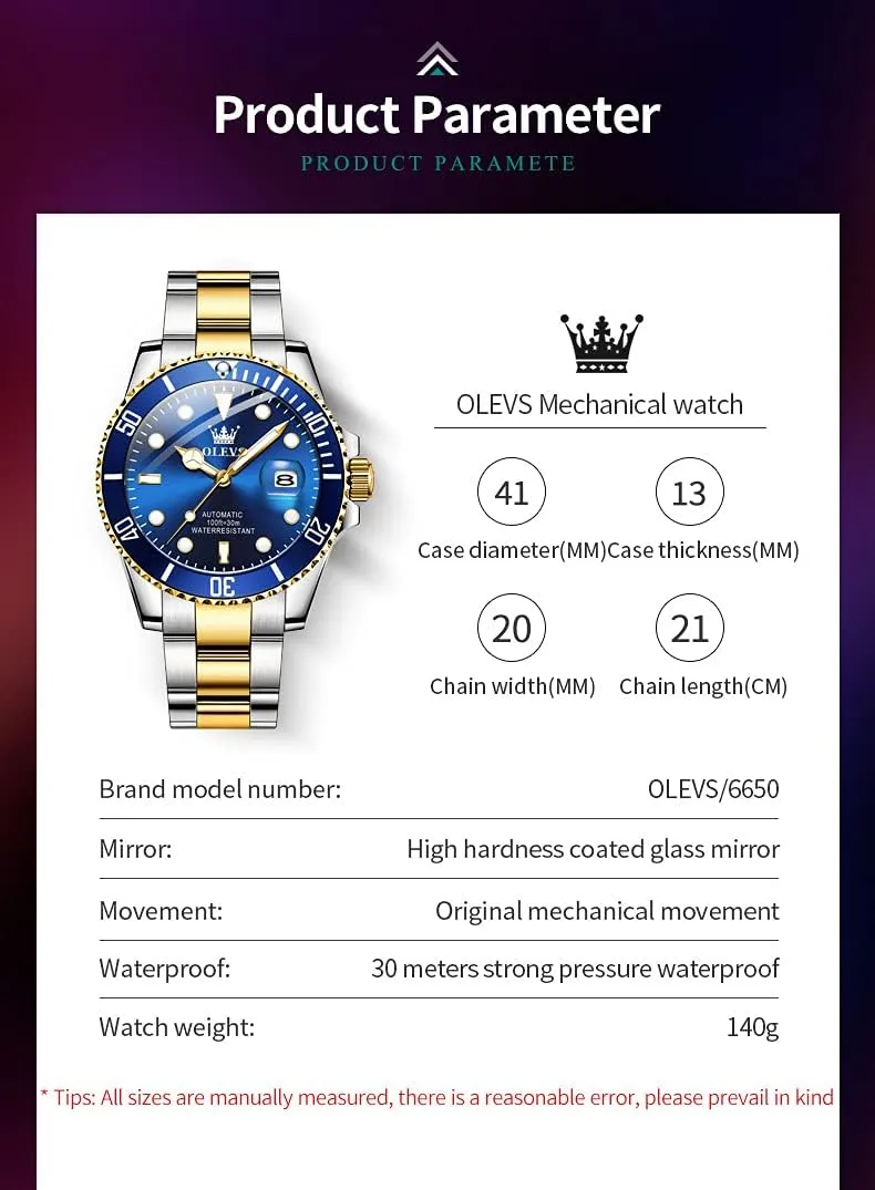 No Battery OLEVS Men hockey Automatic Mechanical Watches Self Winding Luxury Stainless Steel Men Watch 