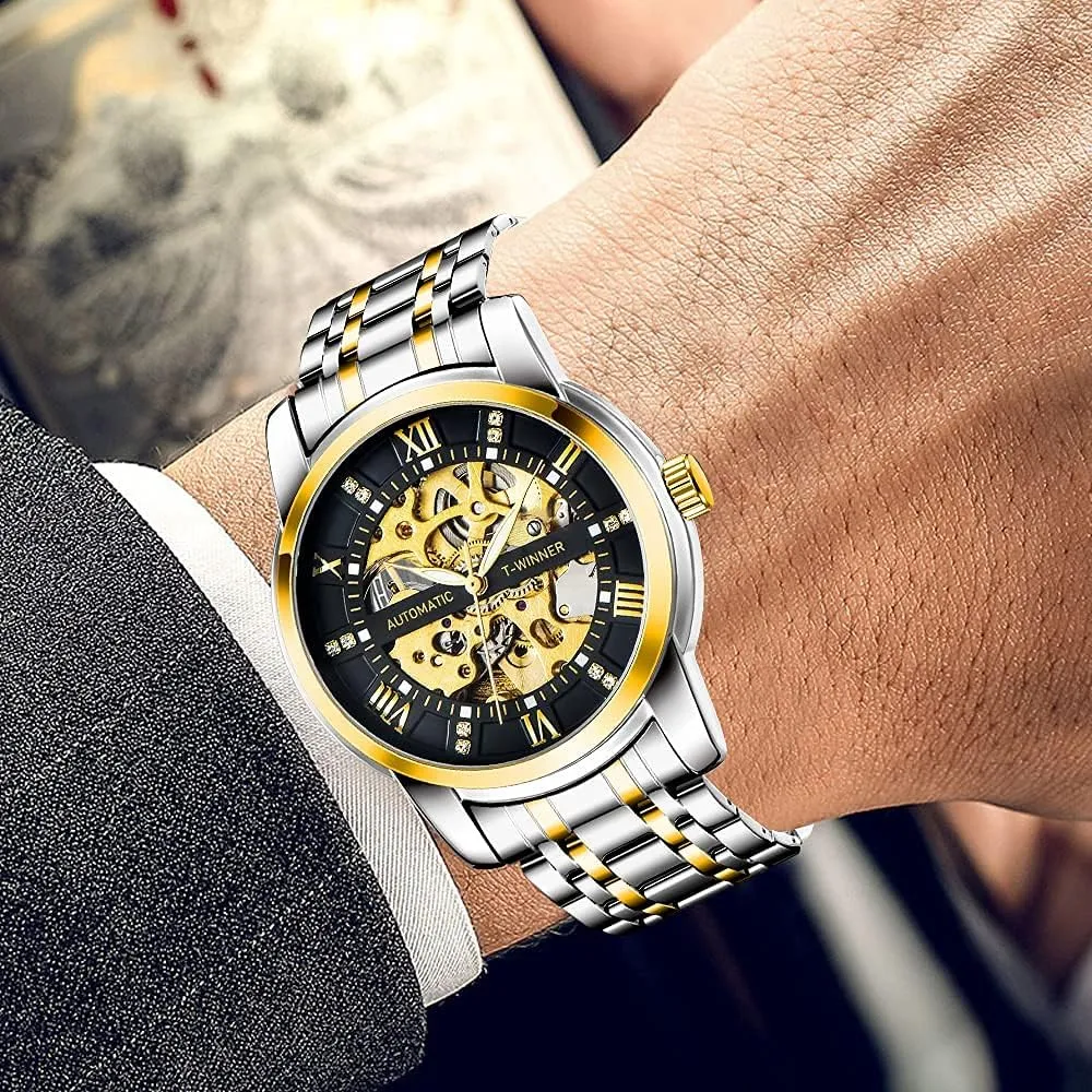 nostalgic acclaim potency Hand Watch, Skeleton Roman Numerals Waterproof Mechanical Watch Tiong Men's Mechanical Watch Stainless Steel Men's Luminous 