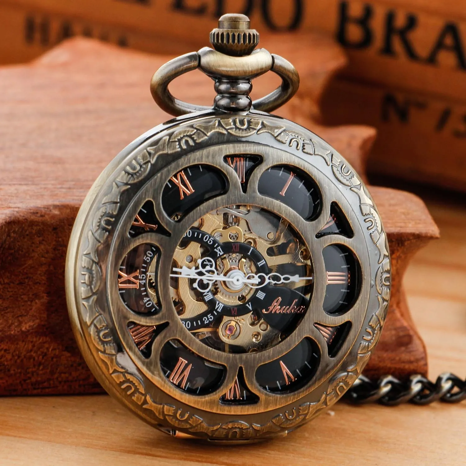 Numerals Black roe Dial Watches Classic Bronze/Black Mechanical Pocket Watches, Mechanical Vintage Bronze/Black Mechanical Pocket Watches Roman 