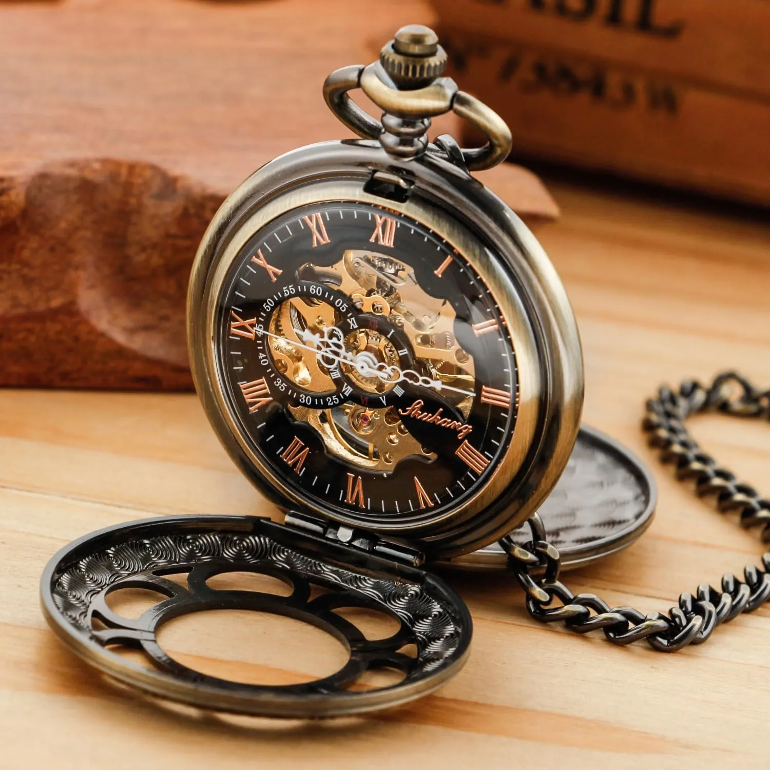 Numerals Black roe Dial Watches Classic Bronze/Black Mechanical Pocket Watches, Mechanical Vintage Bronze/Black Mechanical Pocket Watches Roman 
