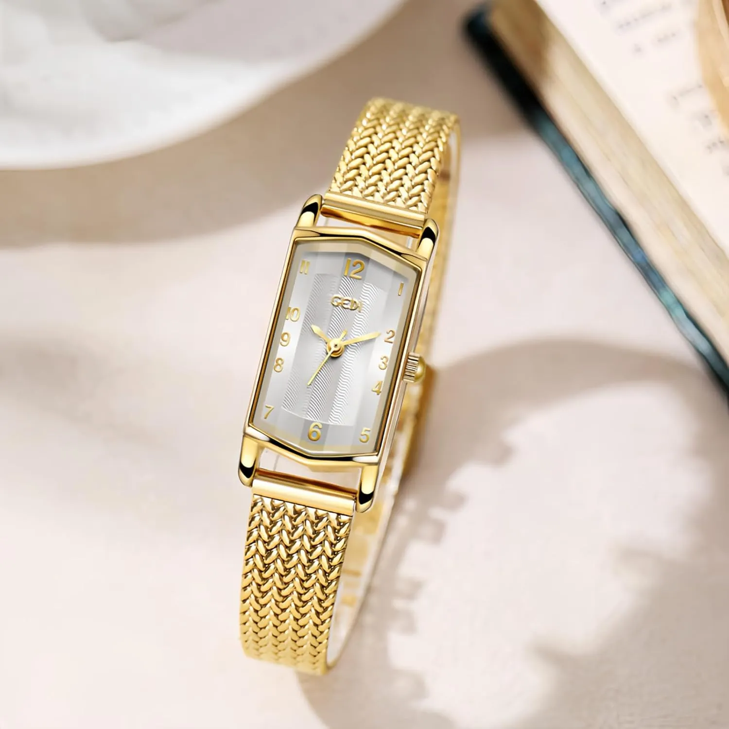 Numerals Retro Vintage meteorite incinerate Ladies Dress Bracelet Gifts CARLIEN Women's Fashion Gold Dainty Stainless Steel Hexagonal Small Quartz Watch Arabic 