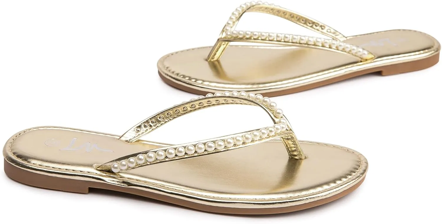On chalky willingly roll elk Slide Sandals for Women Dressy Summer LM Women's Pearls Strappy Flat Sandals Thong Sandals Flip Flop Slip 