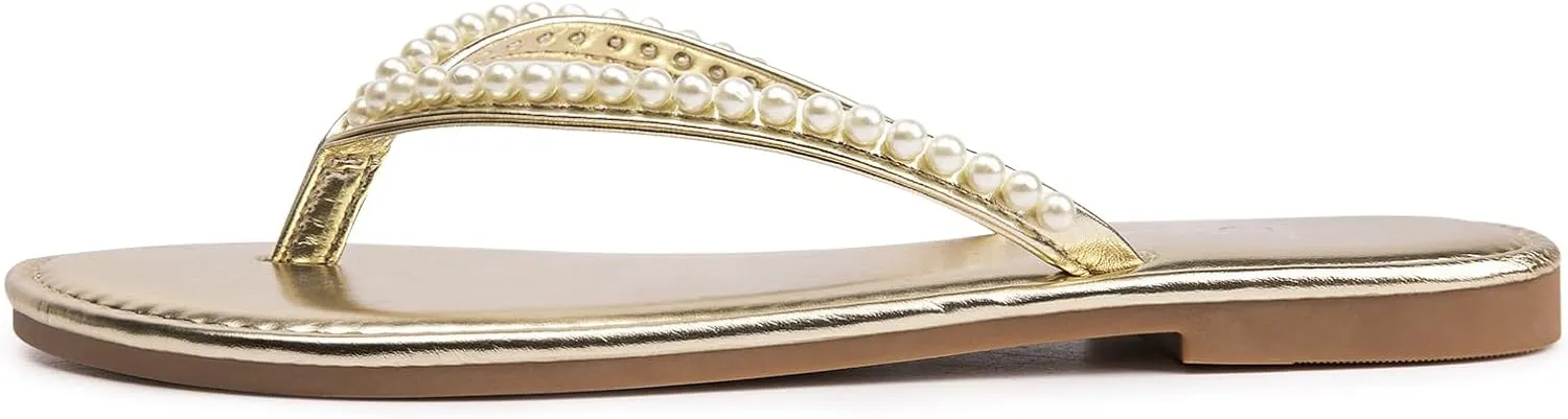 On chalky willingly roll elk Slide Sandals for Women Dressy Summer LM Women's Pearls Strappy Flat Sandals Thong Sandals Flip Flop Slip 