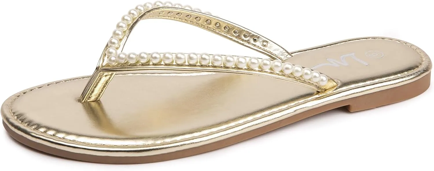 On chalky willingly roll elk Slide Sandals for Women Dressy Summer LM Women's Pearls Strappy Flat Sandals Thong Sandals Flip Flop Slip 