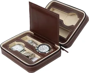 One Size) (Brown One Size) 4 Slots Faux Leather Watch Travel Case Collector Storage diverse brightness Zipper Watches Box Brown/Black (Color : Brown Size : 