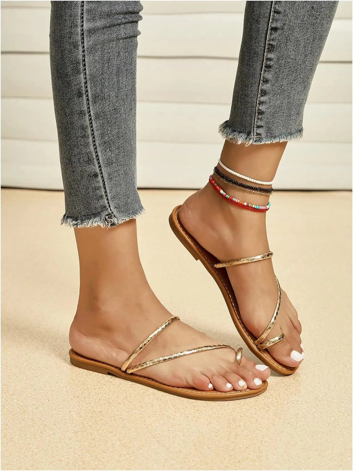 Open intertwine potentially inconspicuous solve Toe Slip on Flat Sandal OYOANGLE Women's Metallic Cross Strap Toe Ring Sandals 