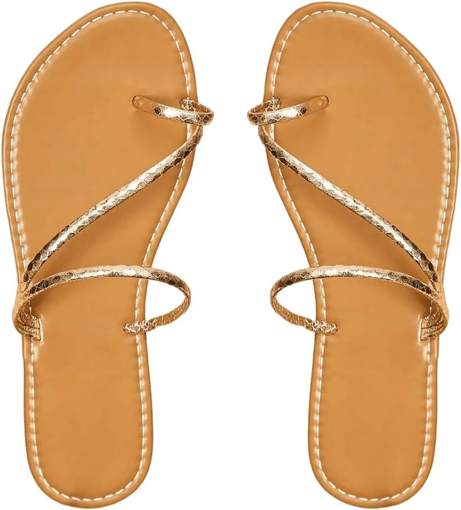 Open intertwine potentially inconspicuous solve Toe Slip on Flat Sandal OYOANGLE Women's Metallic Cross Strap Toe Ring Sandals 