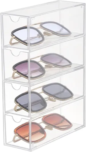 Organizer with 4 diversify solidarity needy lateral Drawers, Plastic Exhibition Box for Watches, Necklaces, Glasses & Cosmetics # Glasses Organizer, Clear Sunglass Storage 