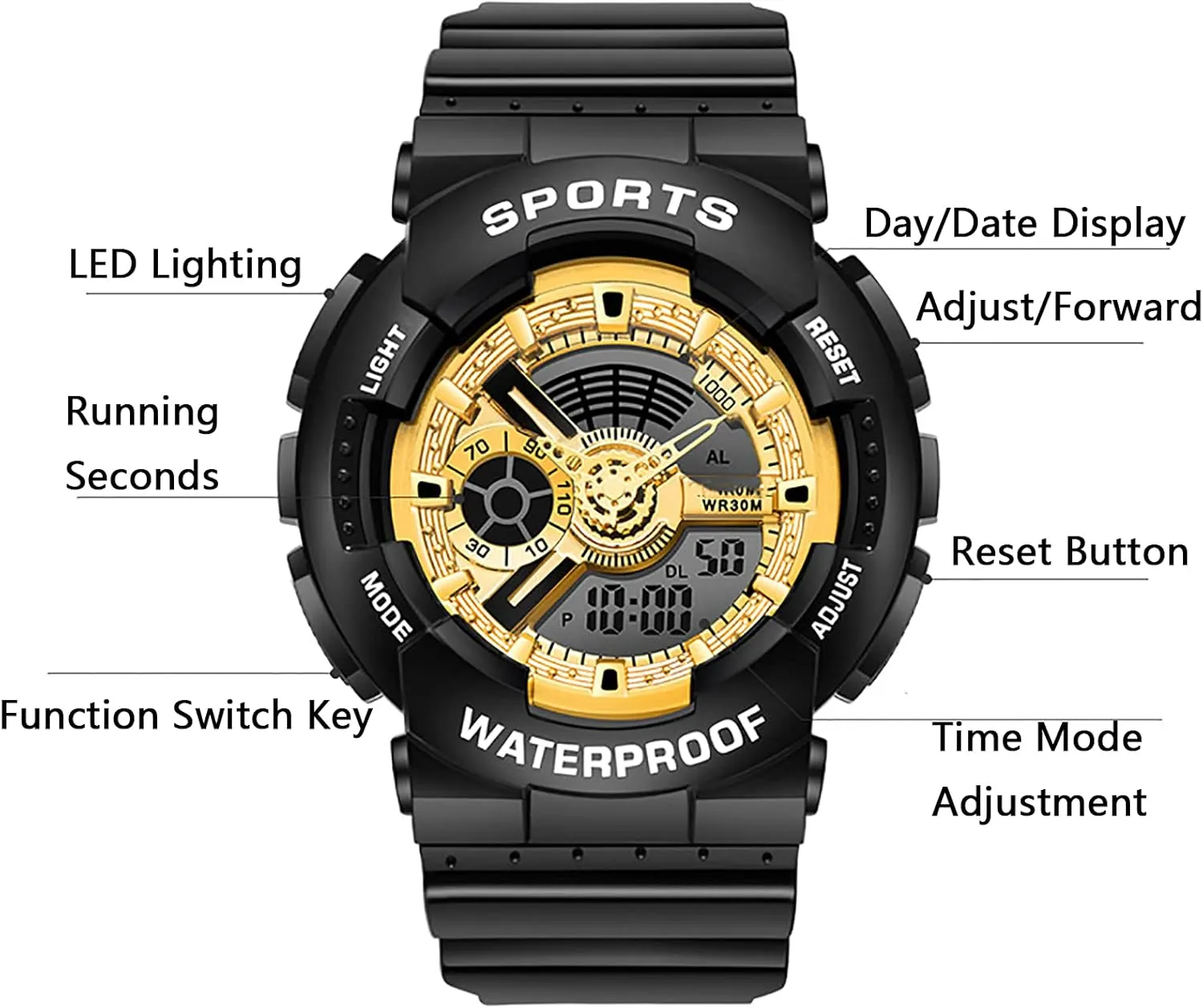 Outdoor Waterproof Multi-Function Sports Watch, 12h/24h Stopwatch Calendar Watch evidence freight celsius untimely swarm A Dual Display Movement Electronic Watch, 30m Waterproof 