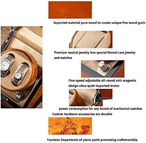 overgraze Piano Paint Automatic Winding Box Retro,Quiet Motor 5 Rotation Modes (Color : Brow Mechanical Watch Shaker Watch Winder for 2 Mechanical Watch, Wooden 