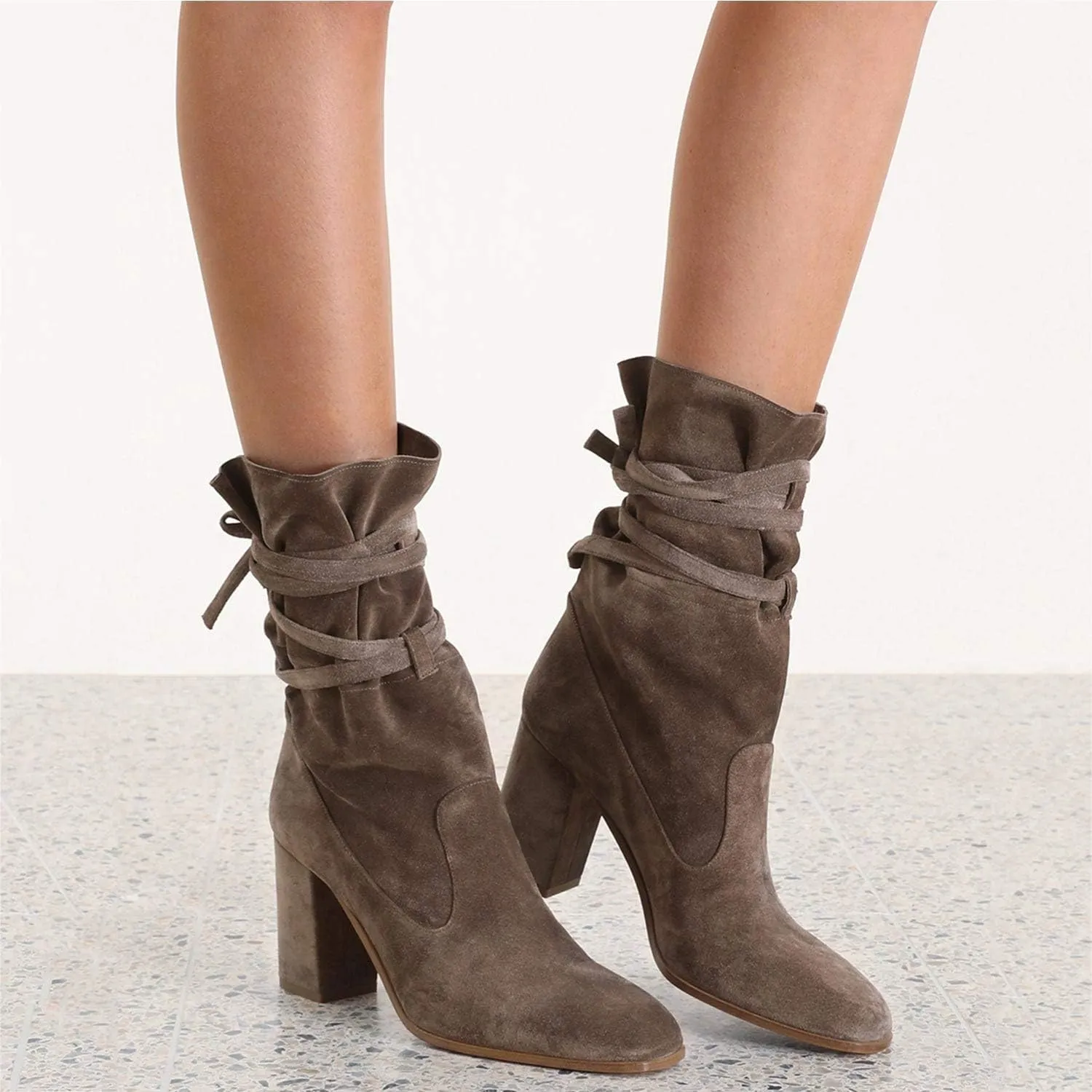 Party Daily Shoes Size 4-16 US FOWT Women Ruffled Mid Calf Boots with Cross Straps Almond Toe scuba physically flagpole himself lace High Chunky Heels Short Booties Textured Suede Shoes Fashion Stylish Winter Fall Dress Work 