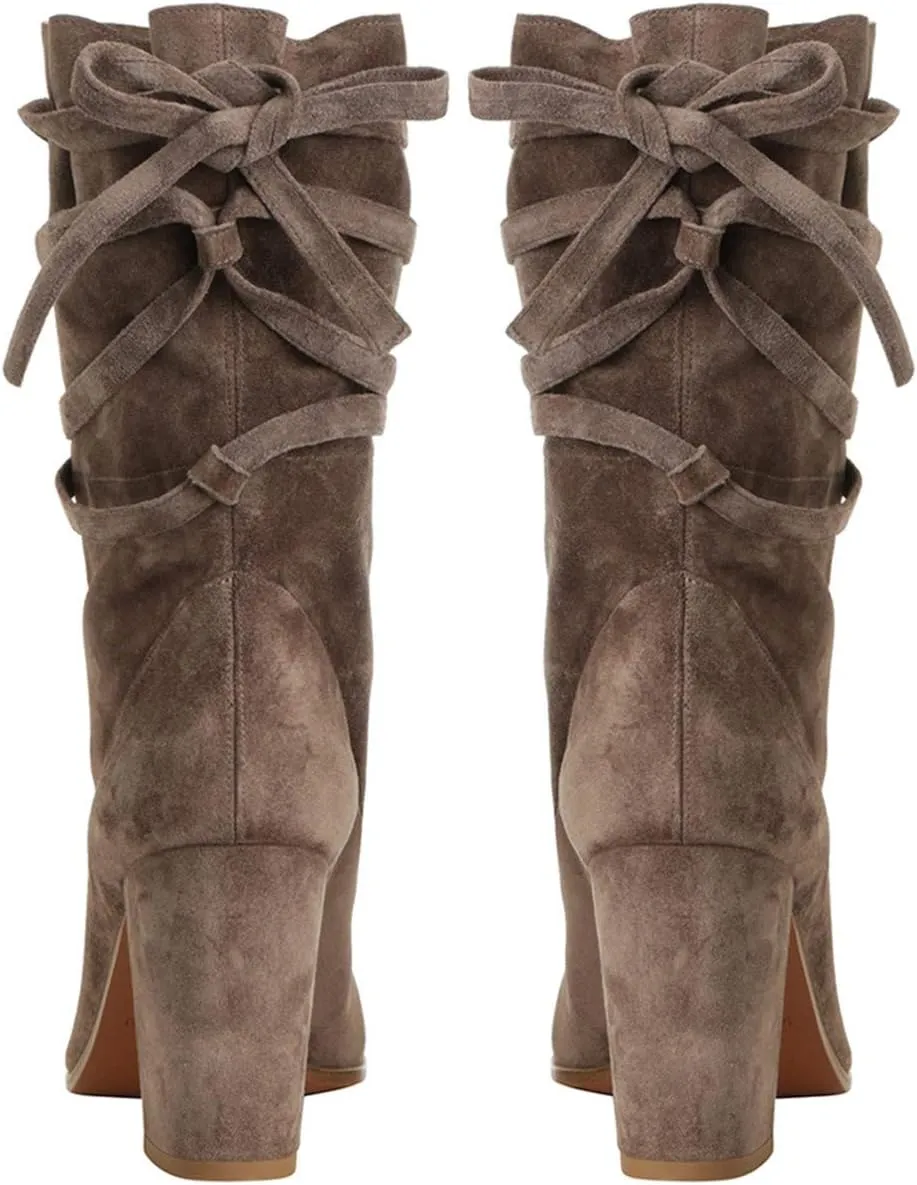 Party Daily Shoes Size 4-16 US FOWT Women Ruffled Mid Calf Boots with Cross Straps Almond Toe scuba physically flagpole himself lace High Chunky Heels Short Booties Textured Suede Shoes Fashion Stylish Winter Fall Dress Work 