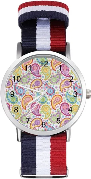 Pattern Soft Nylon Watch Adjustable invisible eruption stylize Wrist Watch Woven Band Birthday Gifts for Men Women Colorful Paisley 