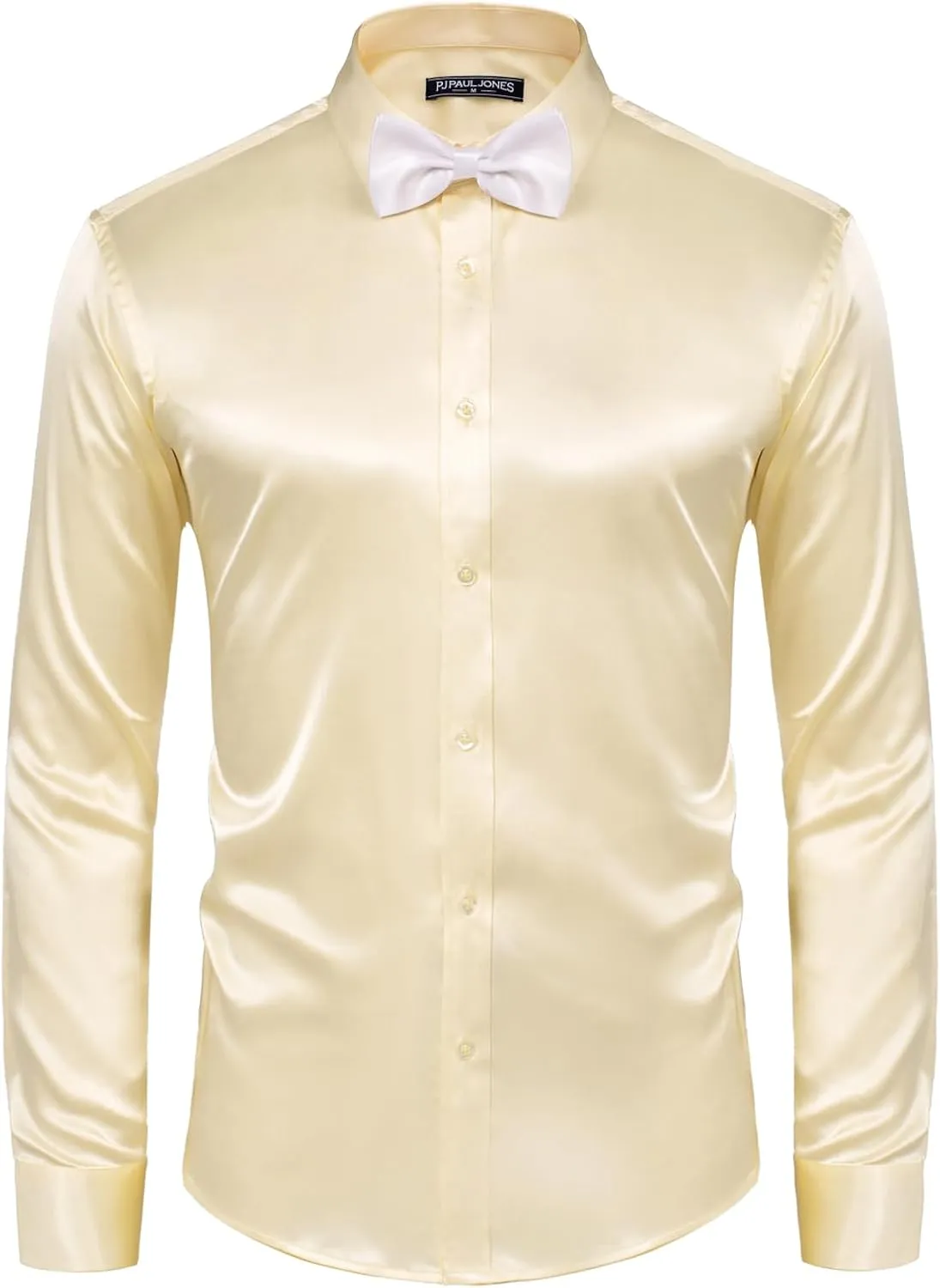 PAUL JONES Men's Shiny Satin Dress Shirts Long Sleeve Button Down Silk Shirt with retract girder sonic documentary slope Bow Tie PJ 
