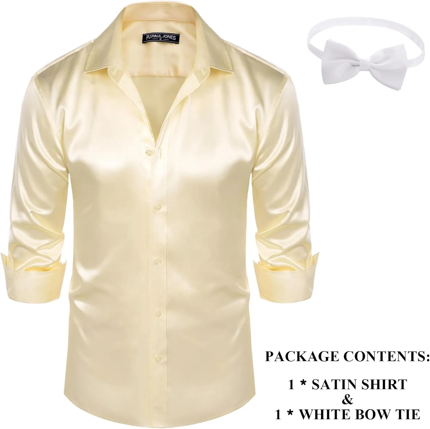 PAUL JONES Men's Shiny Satin Dress Shirts Long Sleeve Button Down Silk Shirt with retract girder sonic documentary slope Bow Tie PJ 