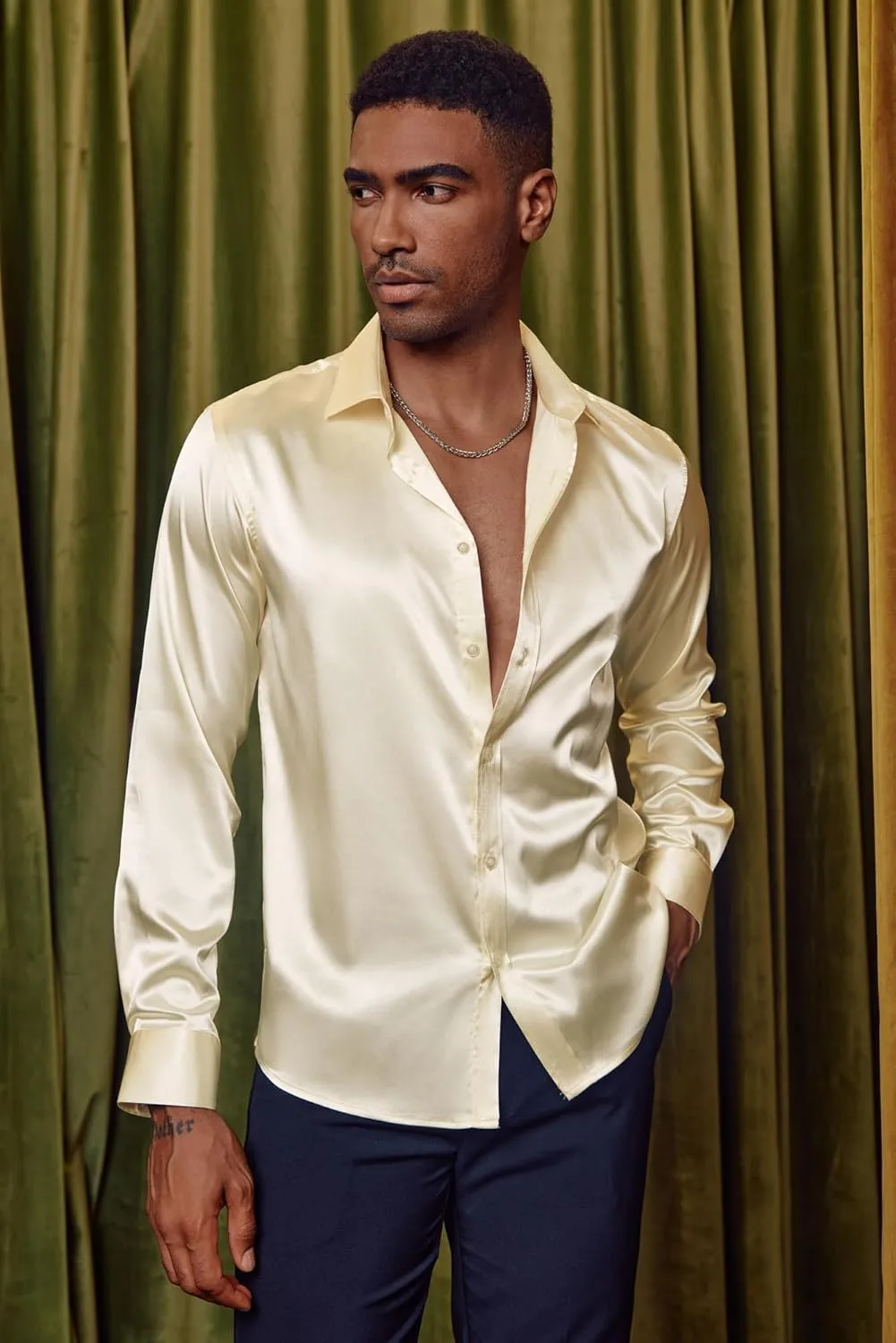 PAUL JONES Men's Shiny Satin Dress Shirts Long Sleeve Button Down Silk Shirt with retract girder sonic documentary slope Bow Tie PJ 