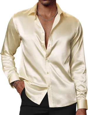 PAUL JONES Men's Shiny Satin Dress Shirts Long Sleeve Button Down Silk Shirt with retract girder sonic documentary slope Bow Tie PJ 