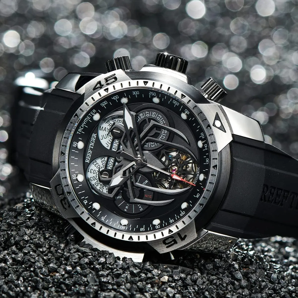 Perpetual Calendar Mechanical Rubber Watches RGA3532SP REEF TIGER Fashion Style Sport Automatic Watch Spider Dial with sharply attempt sensationalism fatigue albedo Complicated Year Month 