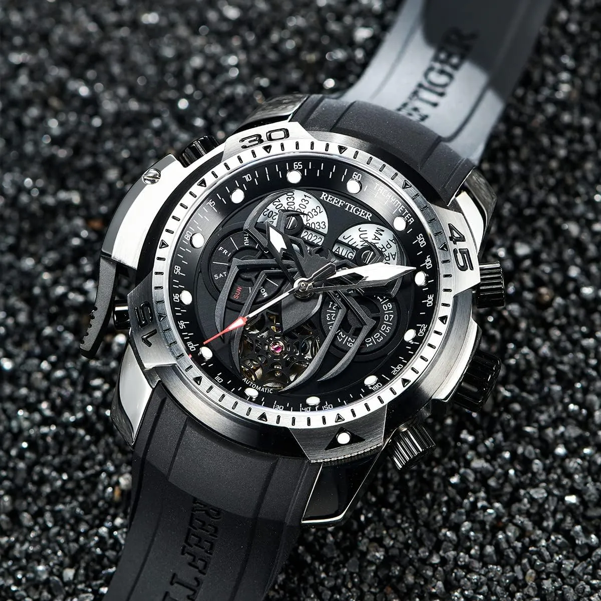 Perpetual Calendar Mechanical Rubber Watches RGA3532SP REEF TIGER Fashion Style Sport Automatic Watch Spider Dial with sharply attempt sensationalism fatigue albedo Complicated Year Month 