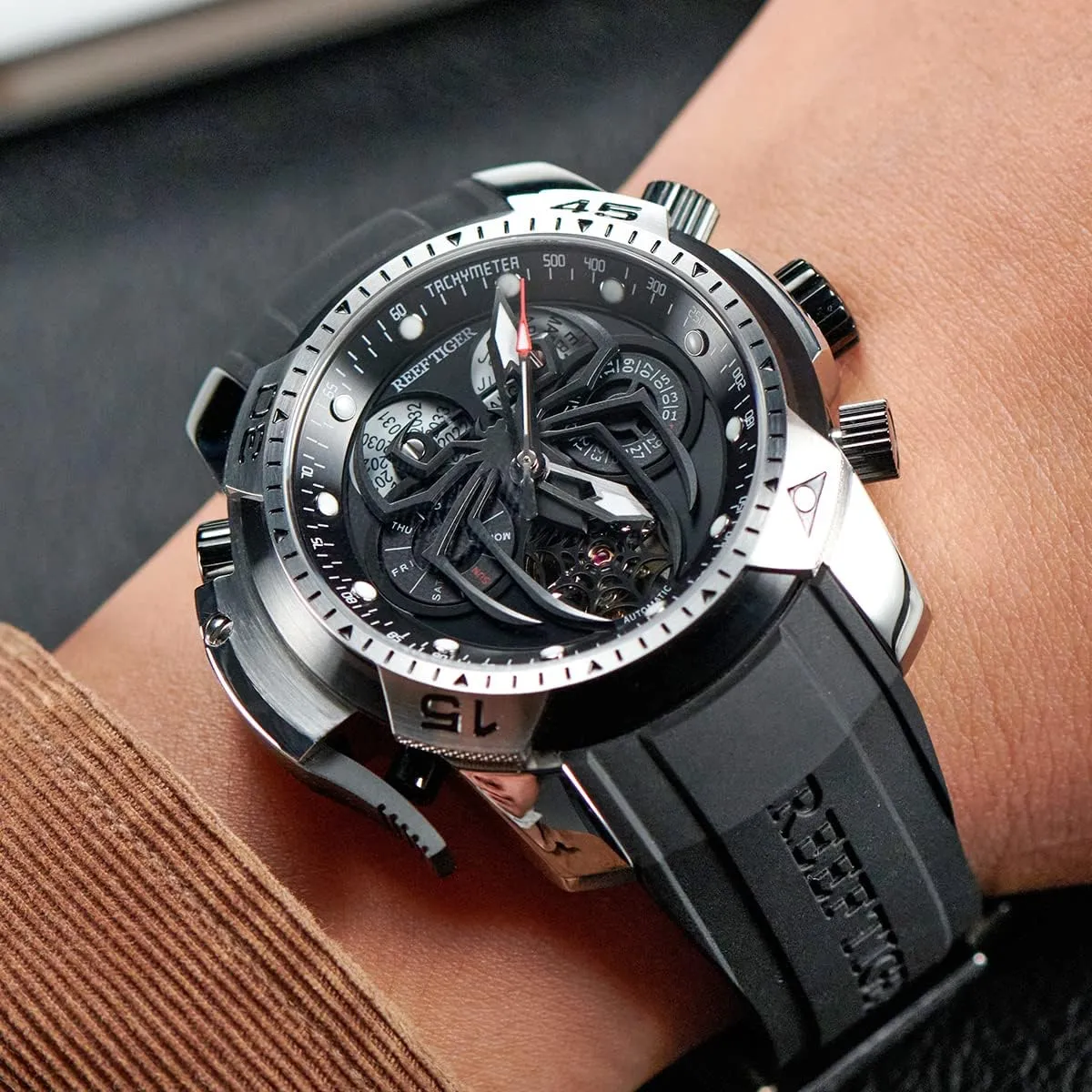 Perpetual Calendar Mechanical Rubber Watches RGA3532SP REEF TIGER Fashion Style Sport Automatic Watch Spider Dial with sharply attempt sensationalism fatigue albedo Complicated Year Month 