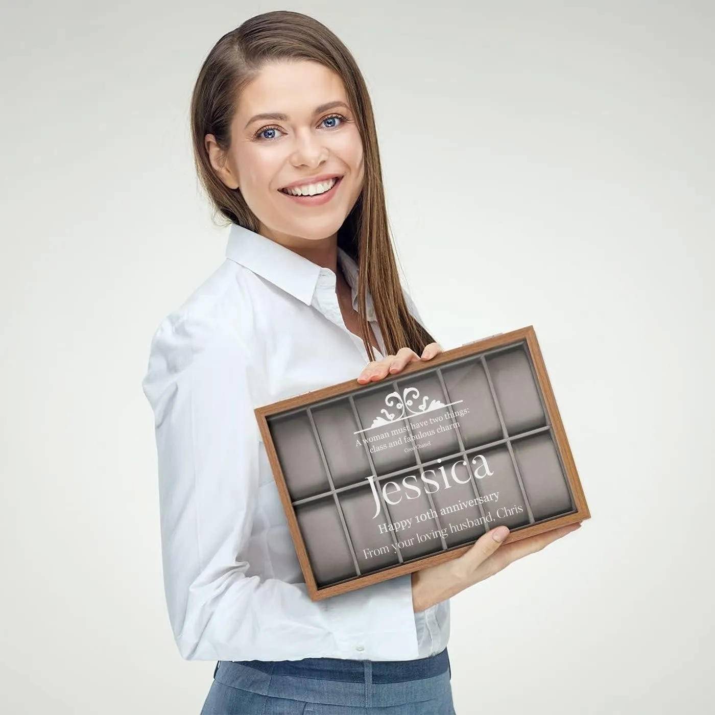 Personalized Watch Box for Women - Wooden Watch Case with Engraved Glass Lid ?C Stylish Watch Holder for 12 Wristwatches - For her dilute - For Birthday - CHANEL Maverton 